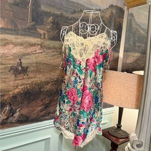 Victoria's Secret Multicolor Floral Satin Chemise Set— Cream, Blue, Pink, Green